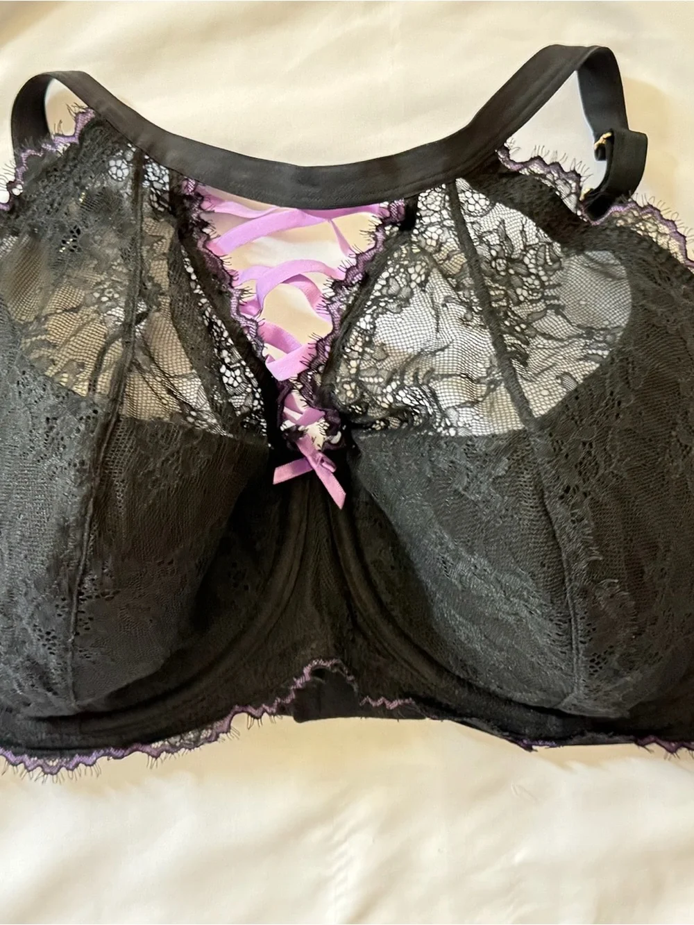 Cacique Black Lace Bralette with Lilac Ribbon